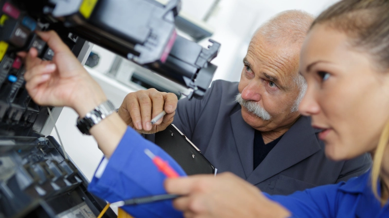 Ein Handwerker und eine Handwerkerin arbeiten an einer Maschine.