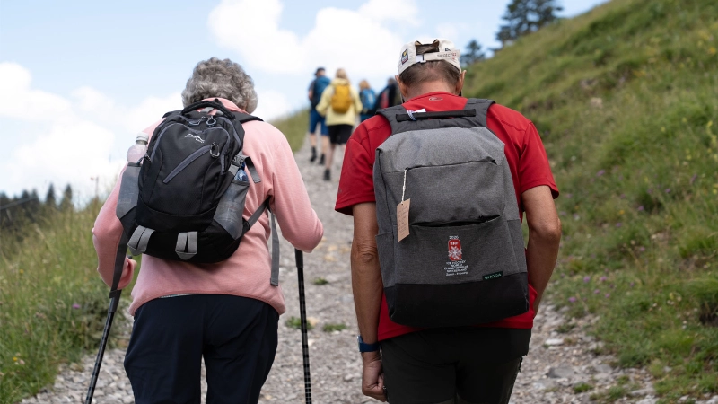 Zwei Personen wandern auf einem Naturweg mit dem Rücken zur Kamera