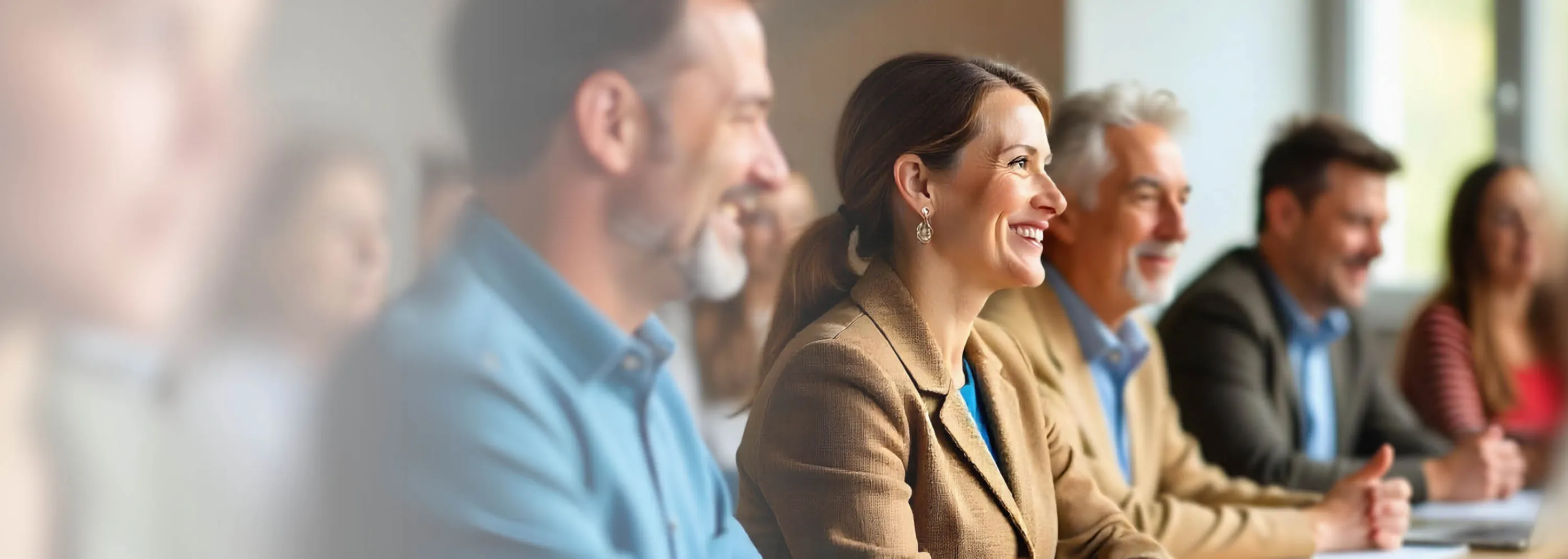 Persone sorridenti sedute a un tavolo e guardano in avanti