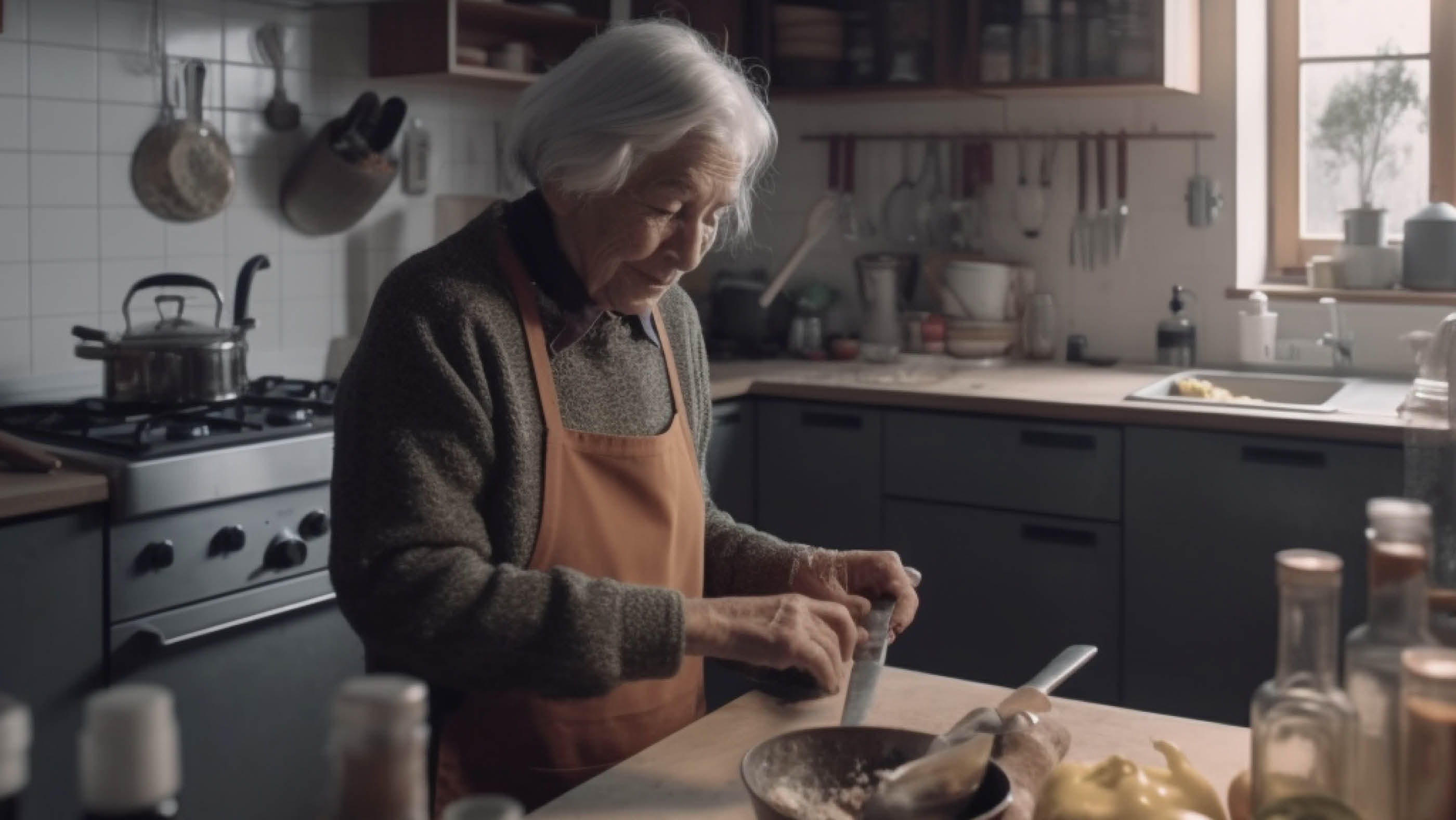 Signora anziana che cucina in cucina